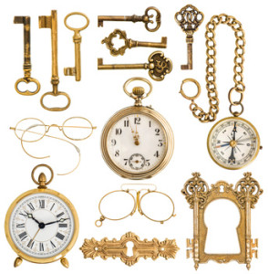 golden antique accessories. vintage keys, clock, compass, glasse