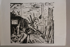 Holzschnitt, "Handwerker", Ende 70-er Jahre, 30 x 26,5, (ps.Ph.)