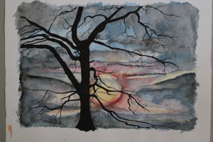 Aquarell, Tusche, "Baum, Sonne", Anfang 70-er Jahre, 35 x 24, (ps.Ph.)