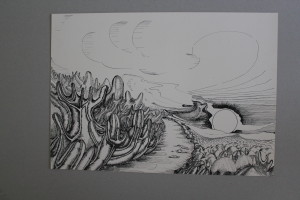Tuschezeichnung, "sinnlose Landschaft", 70-er Jahre, 42 x 29,5, (ps.Ph.)