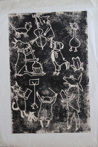 Linolschnitt, "Tiere, Konzert", Ende 60-er Jahre, 19 x 29,5