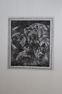 Holzschnitt, "Fratzen - mit Textbordüre", 70-er Jahre, 21 x 23,5, (ps.Ph.)