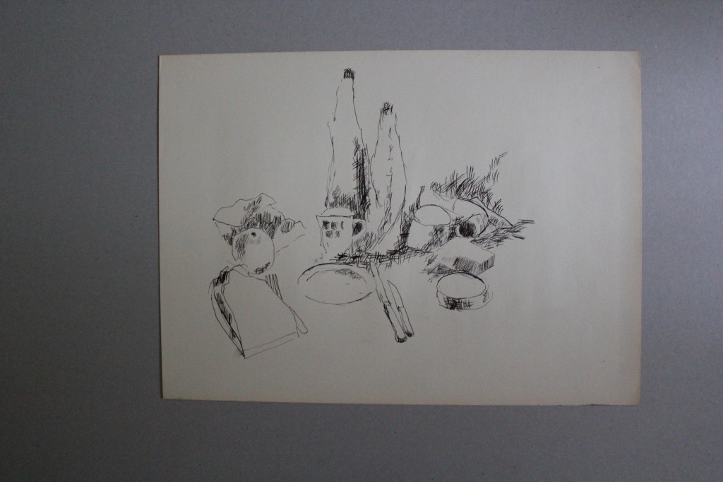 Tuschezeichnung, "Stillleben `Mahlzeit´", Anfang 80-er Jahre, 45 x 33