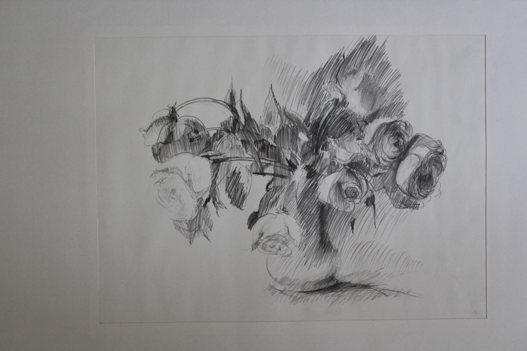 Bleistiftzeichnung, "Blumenstillleben Rosen", Anfang 80-er Jahre, 53 x 28,5
