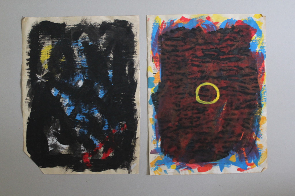 2 x Acryl auf Zeitungspaier, "o.T. - informel", 29,5 x 39