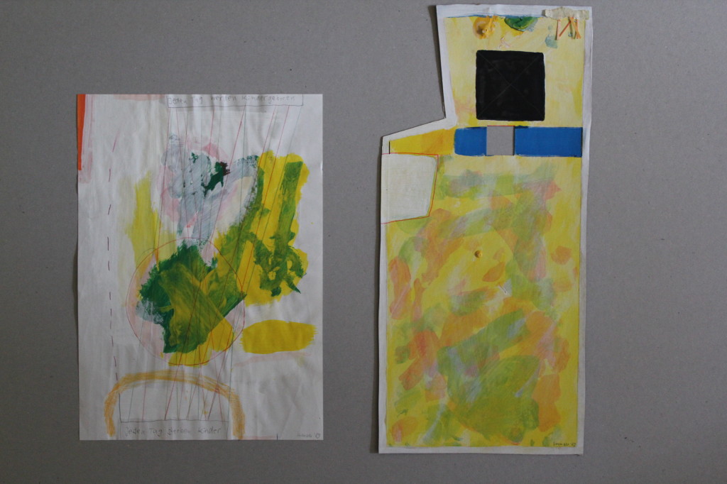 links: Acryl, Buntstift, "jeden Tag werden Kinder geboren - jeden Tag sterben KInder", 1989, 21,5 x 29,5; rechts: Acryl, Buntstift, Karton, "o.T.", 1989, 17,5 x 39