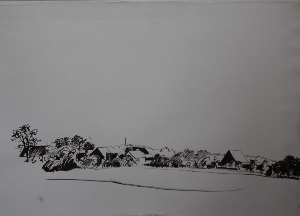 fränkische Landschaft, Rohrfeder/Tusche auf Papier, 1982, 56 x 42