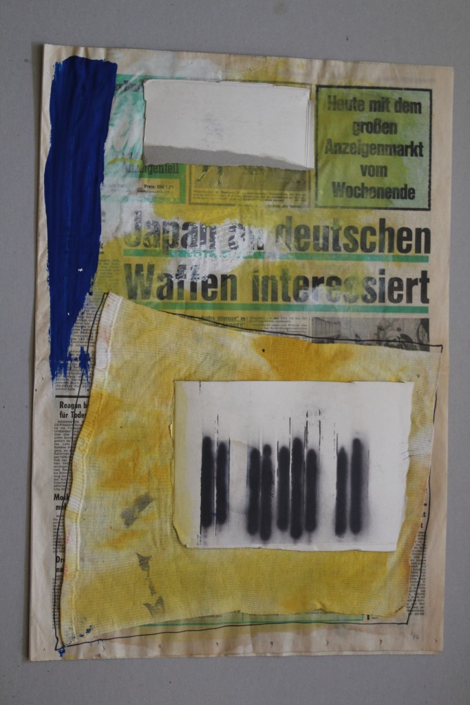 Informel Klavier, Karton/Stoff/Acryl auf Zeitungspapier, 1984, 39,5 x 57